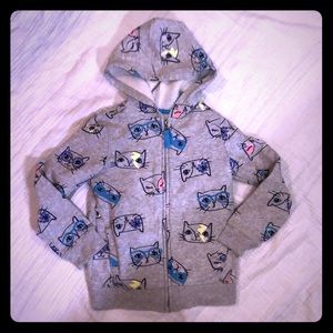 Grey Cat Print Zip-Front Hoodie Size 6/6X